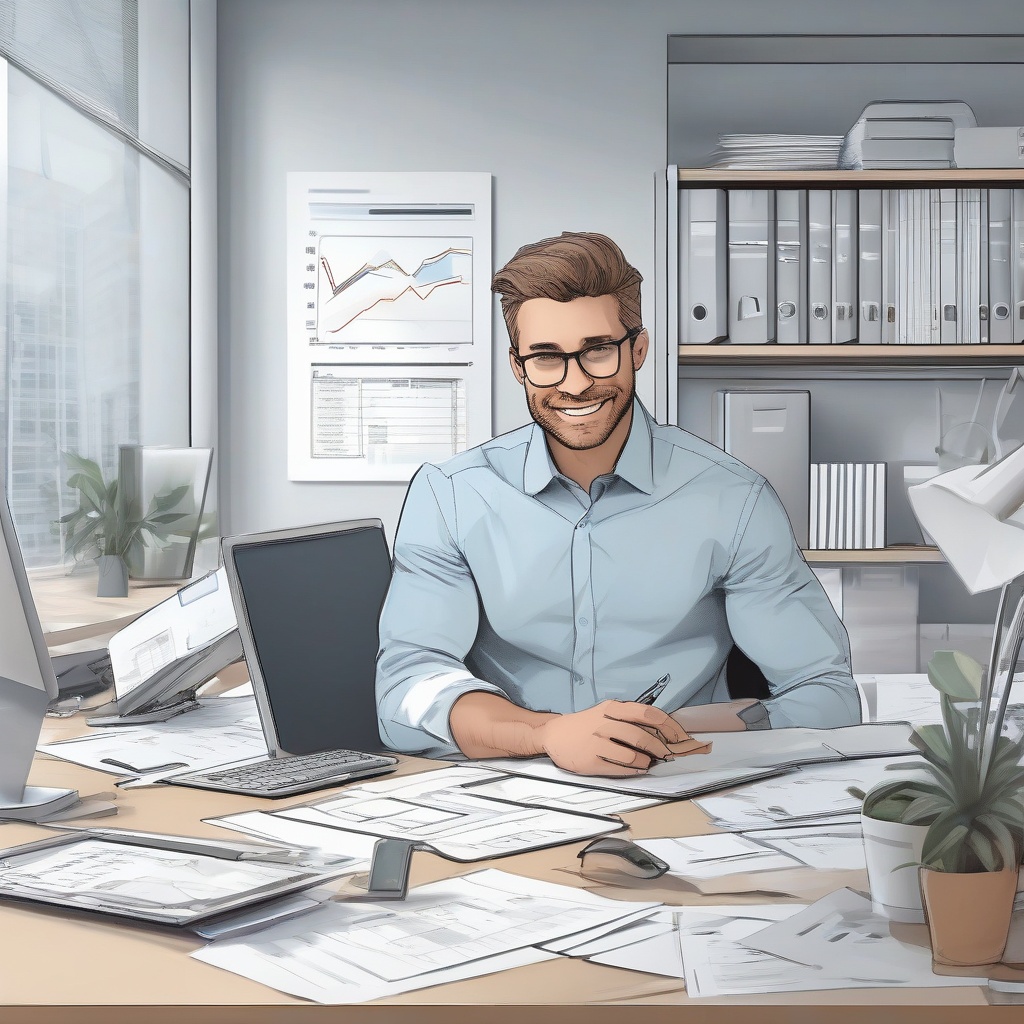 A close-up of a successful entrepreneur or small business owner, depicted in their workspace, holding financial reports or interacting with accounting software. The background subtly highlights a productive and organized work environment, portraying confidence and satisfaction with the accounting services provided by the company.